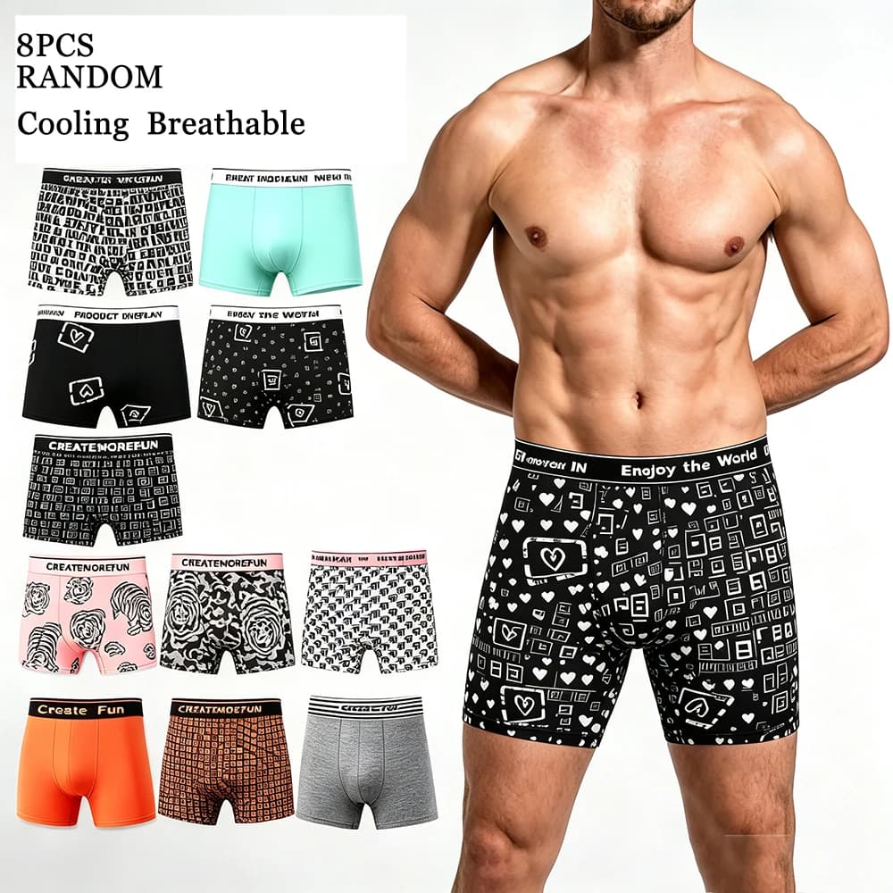 Men's Ice Silk Boxer Briefs Random 8Pcs Underwear Set Seamless Cooling Breathable Quick Dry Elastic Waistband Color Trunks