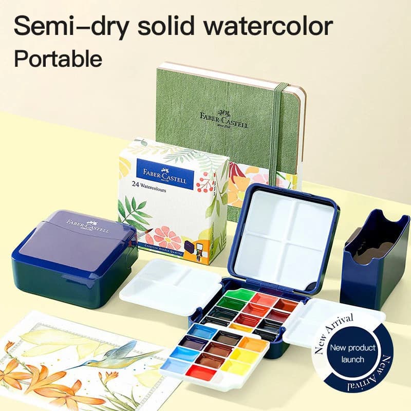 Set di Acquerelli Portatile Faber Castell 24 Colori con Scatola Palette per Pittura Artistica, Pigmenti Solidi per Schizzi all'Aperto