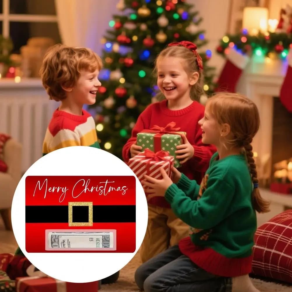 Biglietto d'auguri per regali di festa e contanti Biglietto di Babbo Natale Biglietto d'auguri festivo con design a fascia rossa