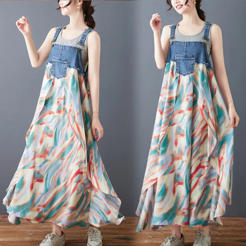 Faionable Chiffon Splice Denim ter Dr Donna Summer Chic Drapey Gonna longuette Abito con orlo largo Abito a trapezio alla moda