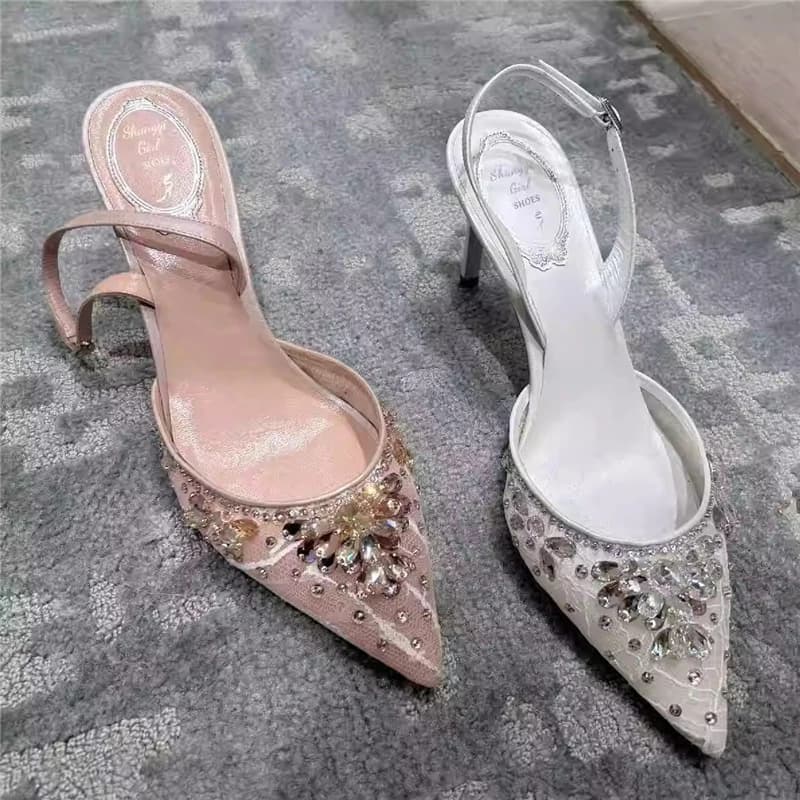 Primavera ed estate nuove scarpe da sposa in pizzo con strass a punta sandali sottili con tacco alto abito da banchetto in cristallo scarpe da donna versatili