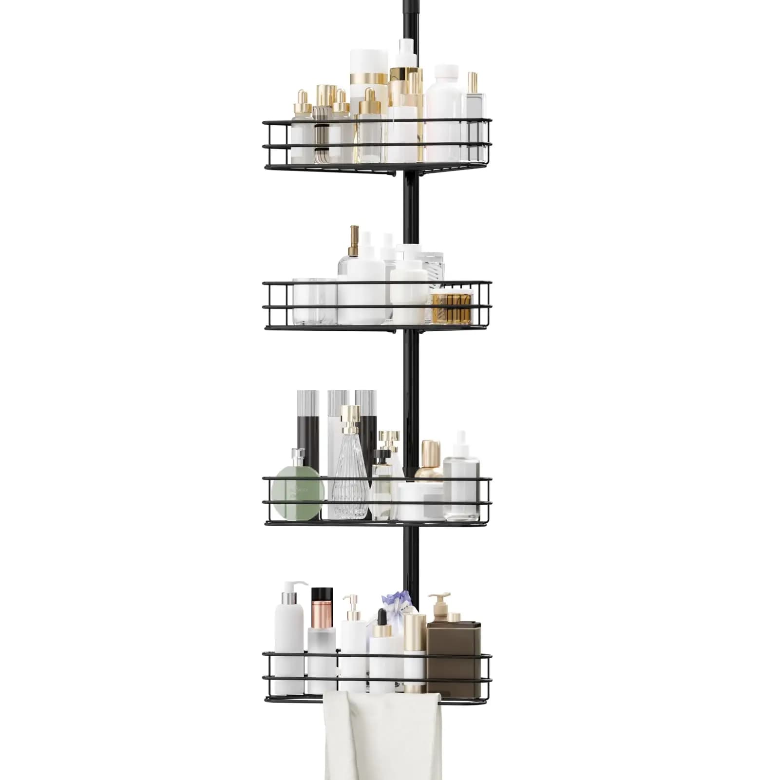 Scaffali organizer da bagno regolabili da 76 a 110 pollici, scaffali da bagno a 4 livelli con barre porta asciugamani integrate per risparmiare spazio, neri