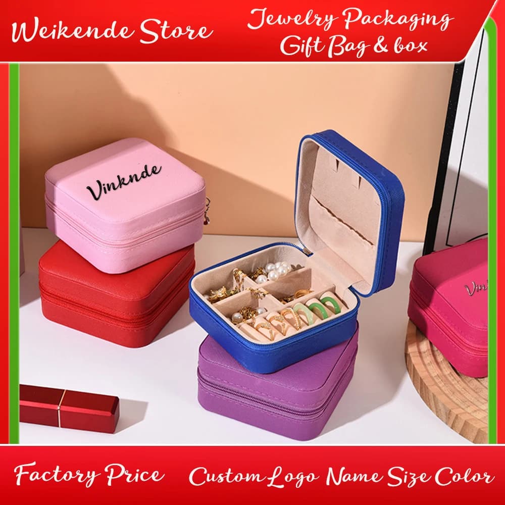 Scatola portaoggetti per piccoli gioielli in pelle PU portatile da viaggio Custodia per imballaggio con logo personalizzato per polvere di collane per orecchini ad anello