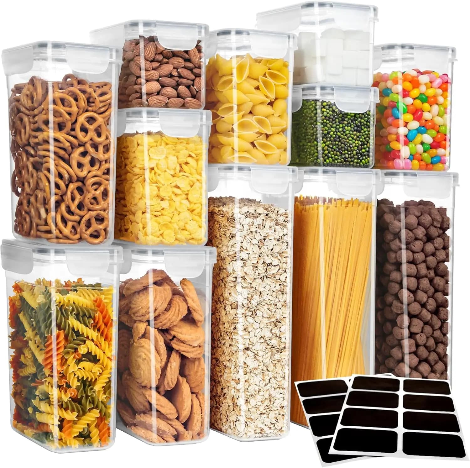 Set of 12 Airtight Containers for Foods, Without BPA, Dispense Organization, Cooking Jars for Cereals, Spaghetti, etc.