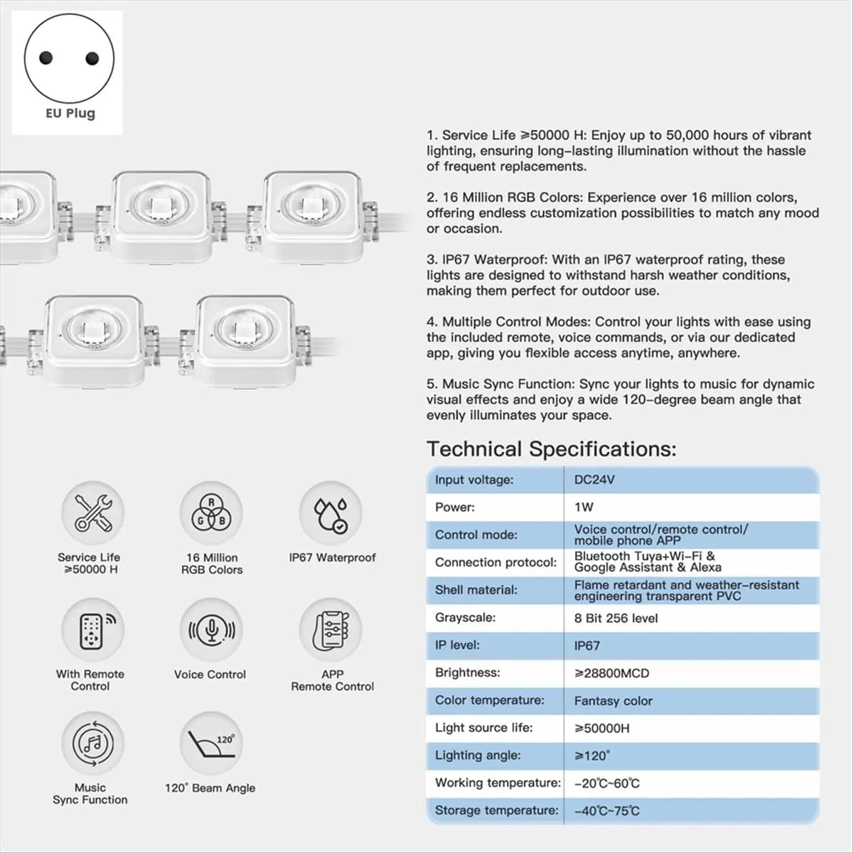 A26Z Luci LED a Cascata WiFi Tuya per Esterni, Impermeabili IP67, RGB, Controllo Remoto RF, Compatibili con Alexa e Google Home, Spina EU