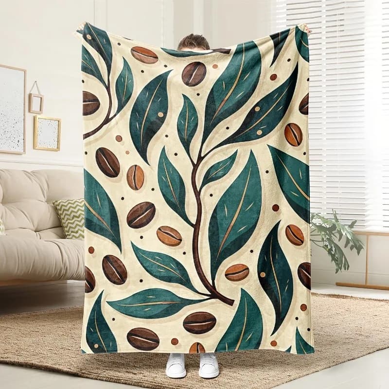 Coffee beans and green leaf patterns Flannel printed blanket suitable for all seasons suitable for living office sofa and travel