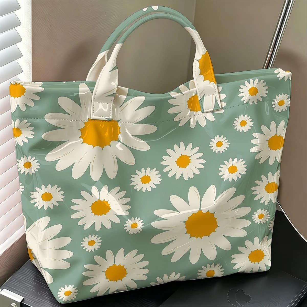Green Daisy Scatter Stylish Large Glossy PVC Tote Bag Washable Waterproof Durable Ideal for Travel Commute Cosmetics Handbags