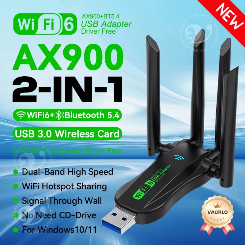 Adattatore wireless USB WiFi Bluetooth 5.4 2 in 1 WIFI6 AX900 Dual Band 2.4G+5GHz 4 antenne 802.11AX USB3.0 900Mbps WiFi 6 Scheda di rete ad alta velocità Ricevitore Dongle per PC WIN 10/11 Driver gratuito