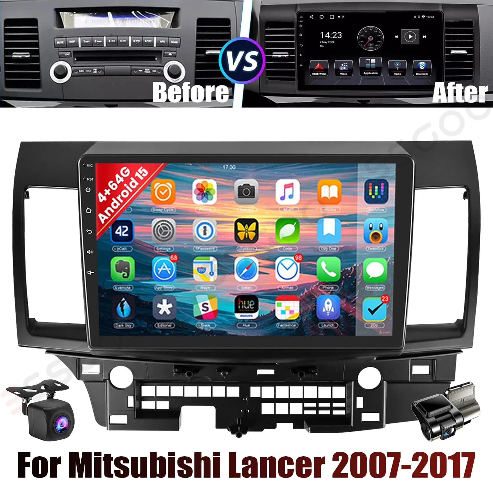 10 "Android 15 GPS car radio for 2008-2017 Mitsubishi Lancer Apple Carplay 4 + 64G IPS Touch Screen WiFi GPS BT + DVR and CAM
