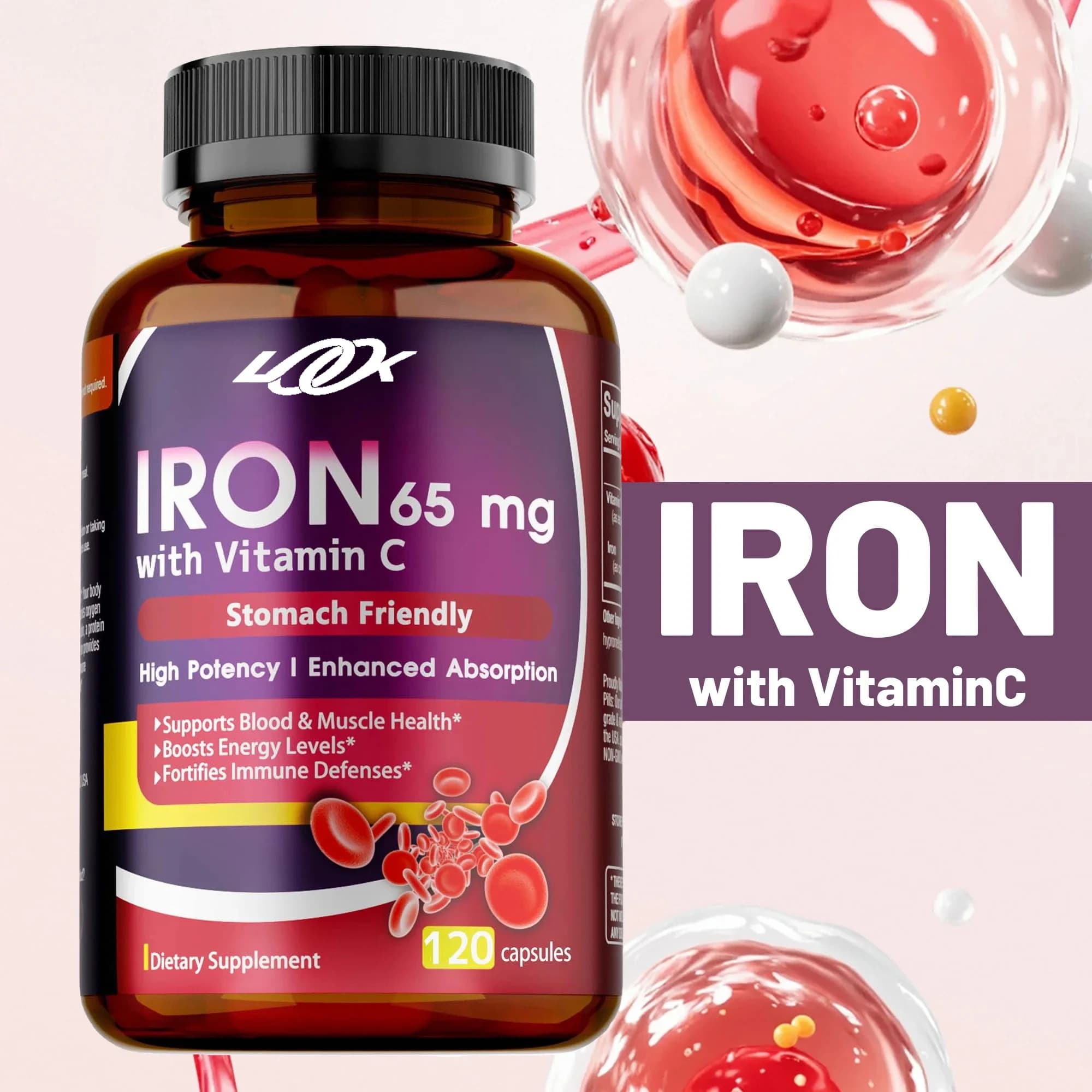 Iron supplement 65 mg with vitamin C - Promotes absorption, increase energy, improve immune function, brain health