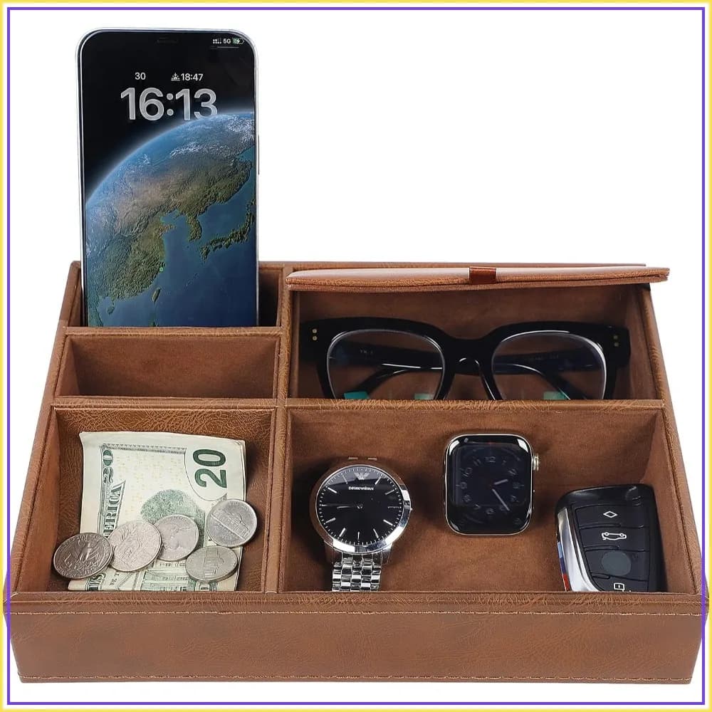 Men's Valet Tray with 5 Compartments - Faux Leather Nightstand Organizer for Phone, Keys, Wallet, Watch, Glasses - Brown