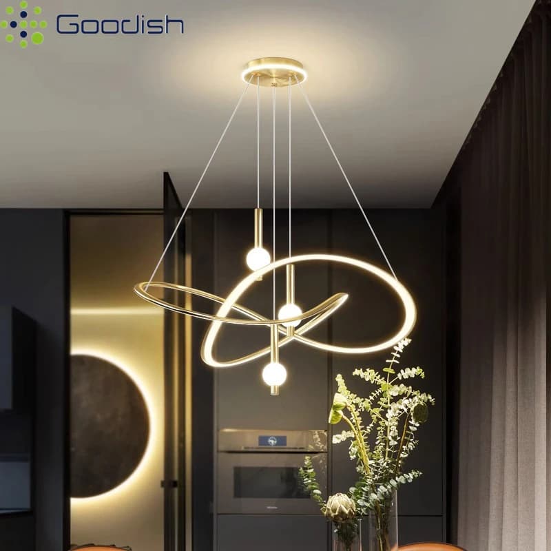 LED Chandelier with Golden Rings in Medieval Style, Creative Artistic Lamp for Interior, Living Room and Home Decoration