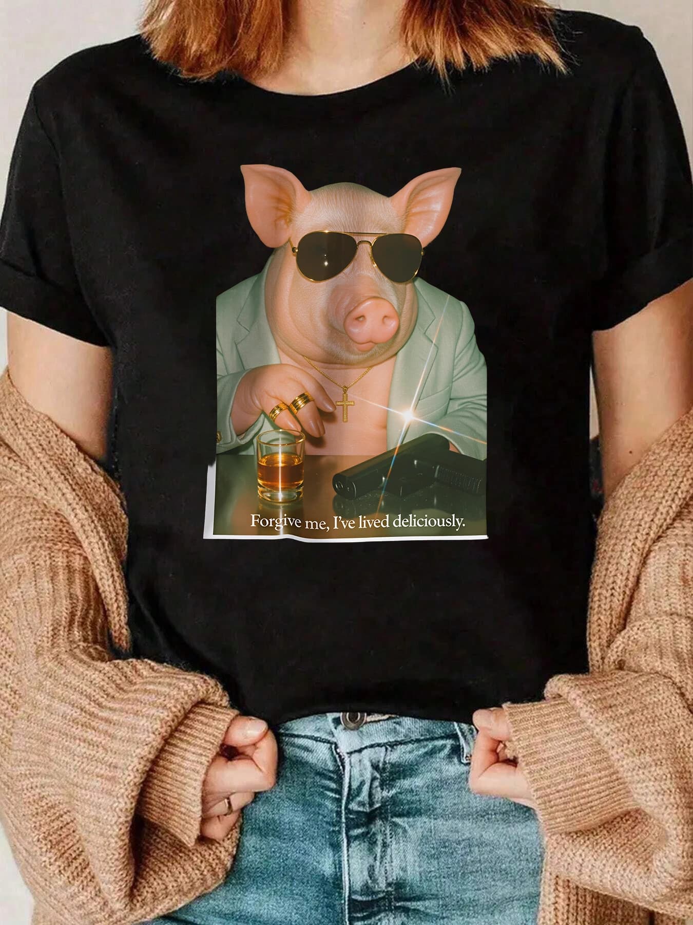 Christmas t-shirt with pig print with sunglasses and whiskey casual women's clothing 220g