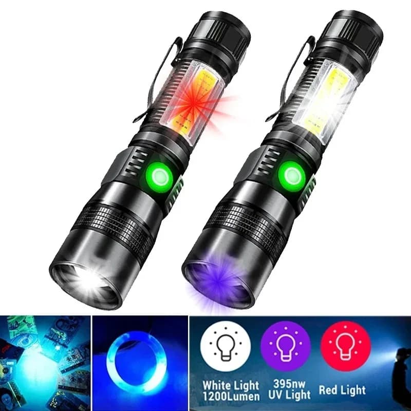 Torcia 3 in 1 UV 365nm Viola + Bianco + ROSSO Torcia ricaricabile LED Zoom Luce da campeggio impermeabile 7 modalità Lampada magnetica con clip da tasca