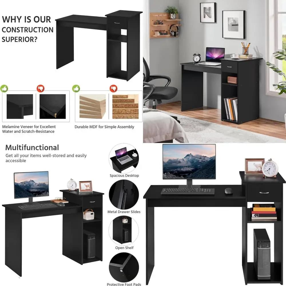 Laptop Desk in Wood with Storage Room and Monitor Support, Elegant Black Office Table for Home, Work or Studio