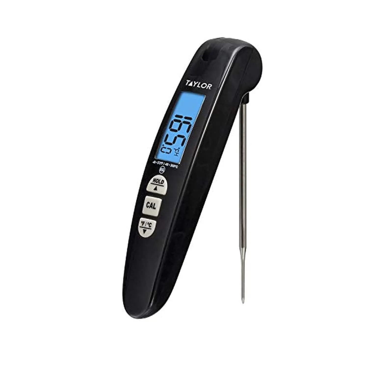 Digital thermometer for instant reading meat with folding barbeque probe, kitchen