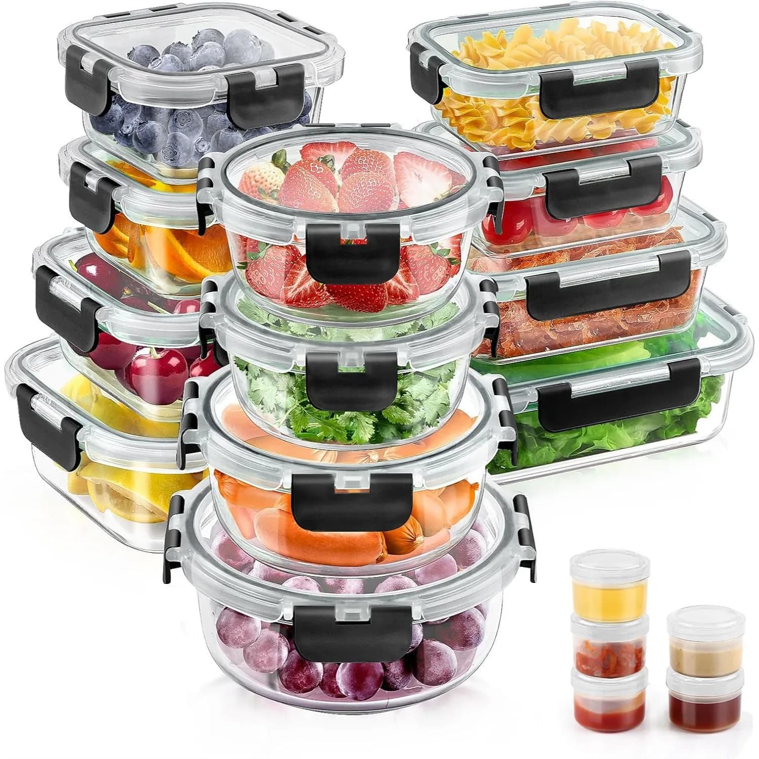 Set di 34 Contenitori in Vetro per Alimenti con Coperchi, Ermetici per Preparazione Pasti, Senza BPA, Adatti per Forno, Microonde, Lavastoviglie e Congelatore