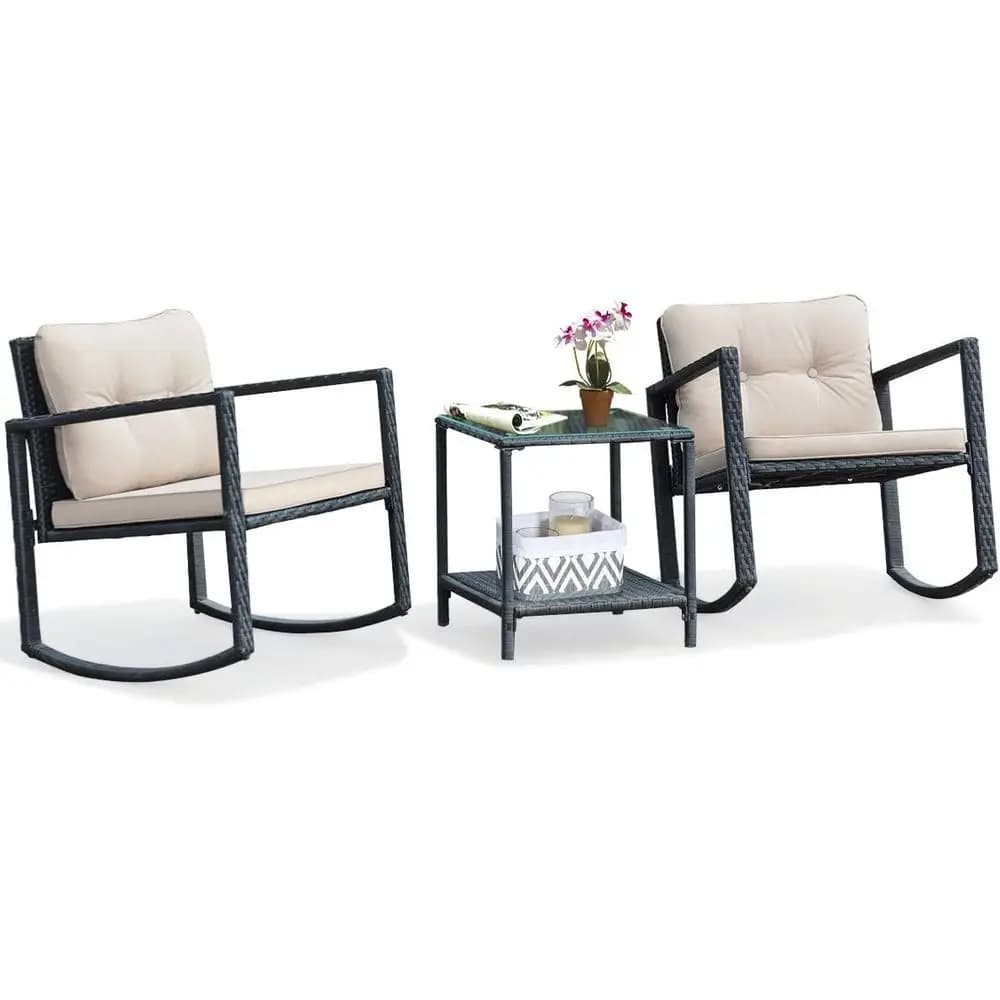 3-Piece Outdoor Wicker Rocking Chair Set with Cushions and Glass Coffee Table, Ideal for Patio, Garden, Poolside, Balcony (Beige