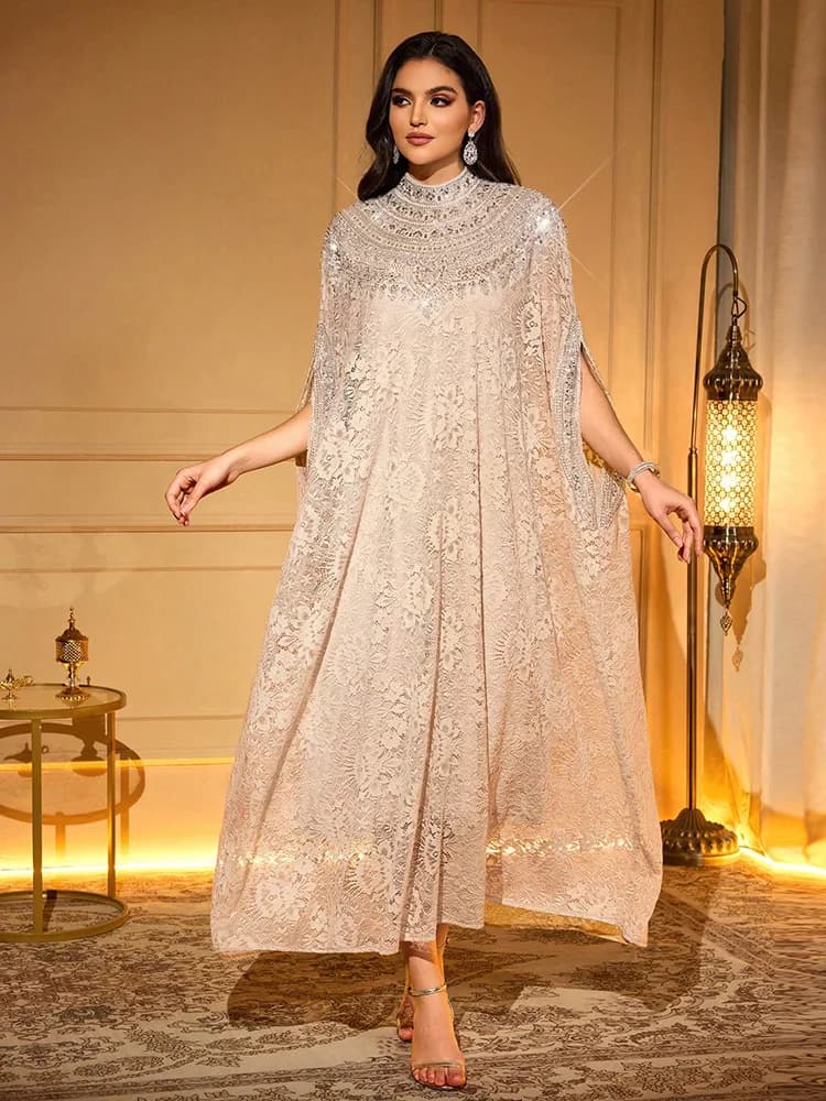 TOLEEN Women's Luxury Elegant Long Lace Robe, Stand Collar Design, Decorated With Delicate Applique, Batwing Half Sleeve Spring