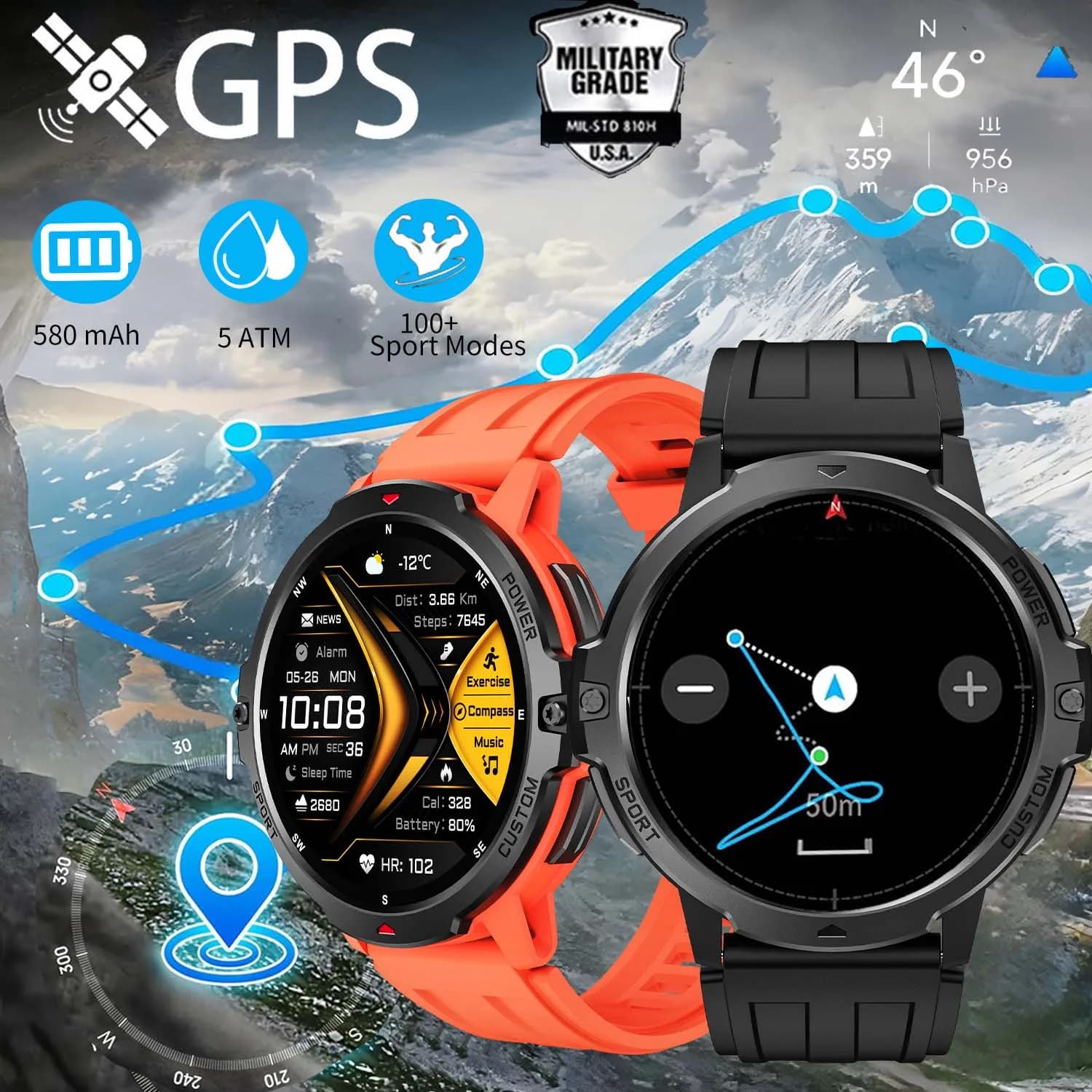 NEW 2025 GPS Watch Smart 1.46 "AMOLED Screen Compass Barometer Barometer 580mAh Battery 5ATM Air Sports Open Smartwatch For Men