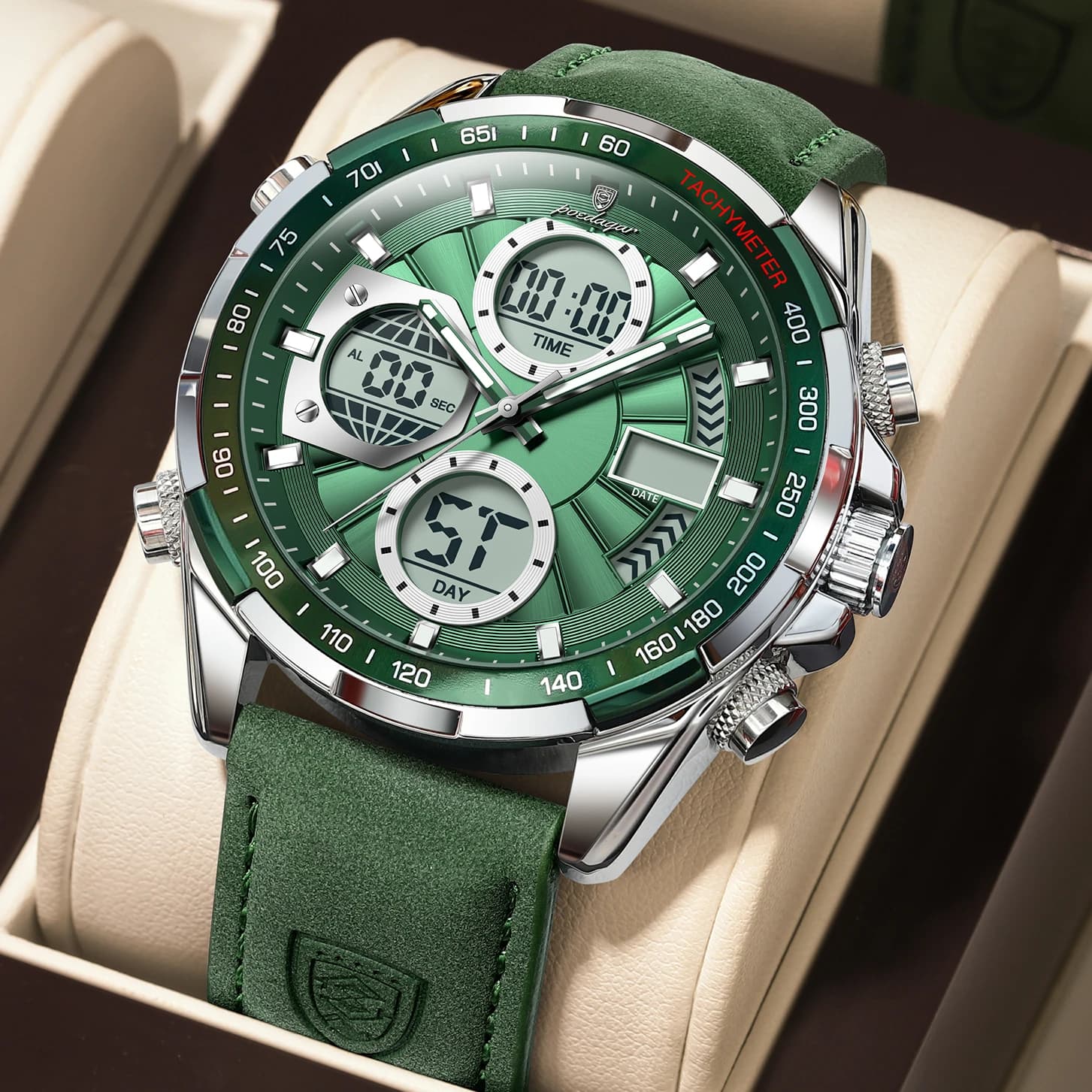 POEDAGAR Fashionable Men's Wrist Watch Week Date Digital Quartz Watch LED Alarm Dual Time Display Luminous Electronic Men's Watches
