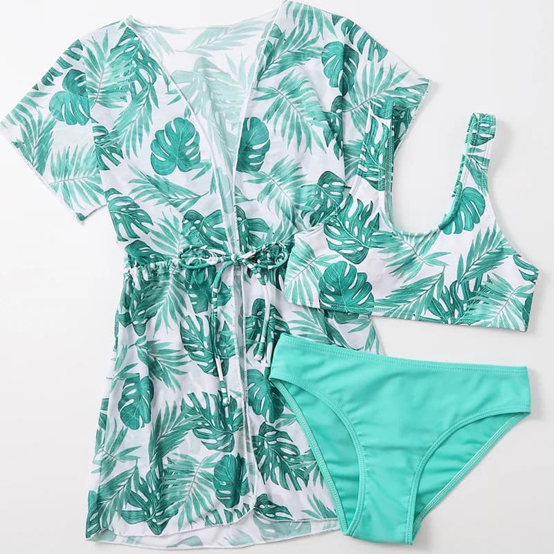 Girls 3pack Print Leaf Bikini High Waist Swimsuit for Kids and kimono 7-12 Years Swimwear for Kids 2024 Teenage Swimwear Beachwear