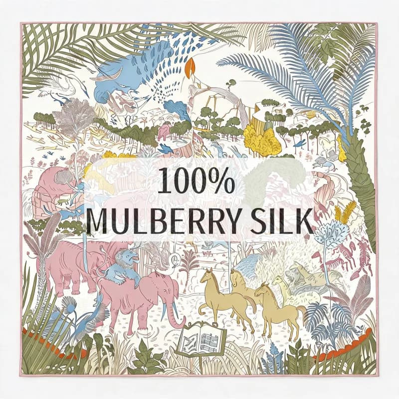 100% Mulberry Silk 65x65cm Tropical Jungle Wild Animal Square Scarf White Base Pink Trim Bandana Unisex Women Office Travel Gift