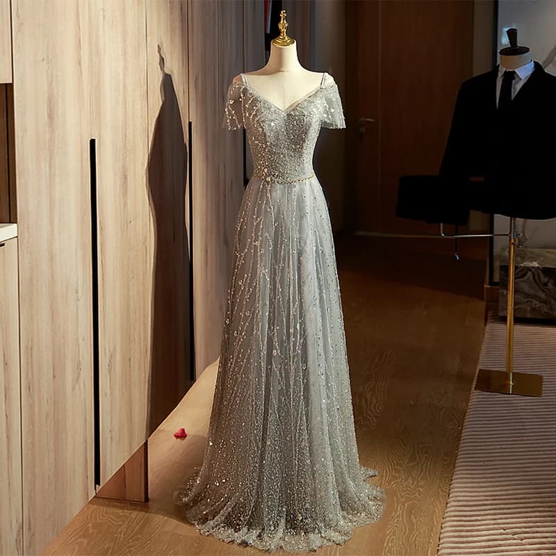 Abito da sera lungo da donna con paillettes, elegante e di lusso, stile coreano, monospalla