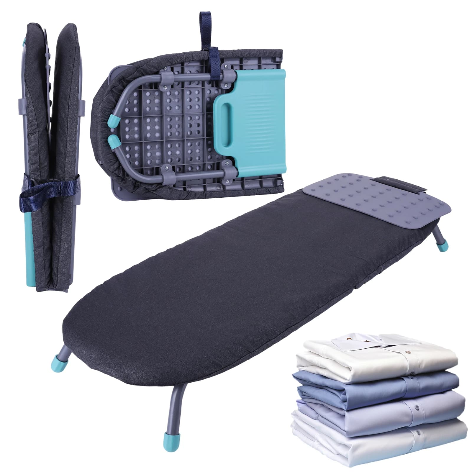 Travel Compact Ironing Table Metal Mesh Panel Space-Saving Ironing Board with Iron Mat Non-Slip Feet Set for Dorm Rooms RVs Travel Apartments (Charcoal Black)