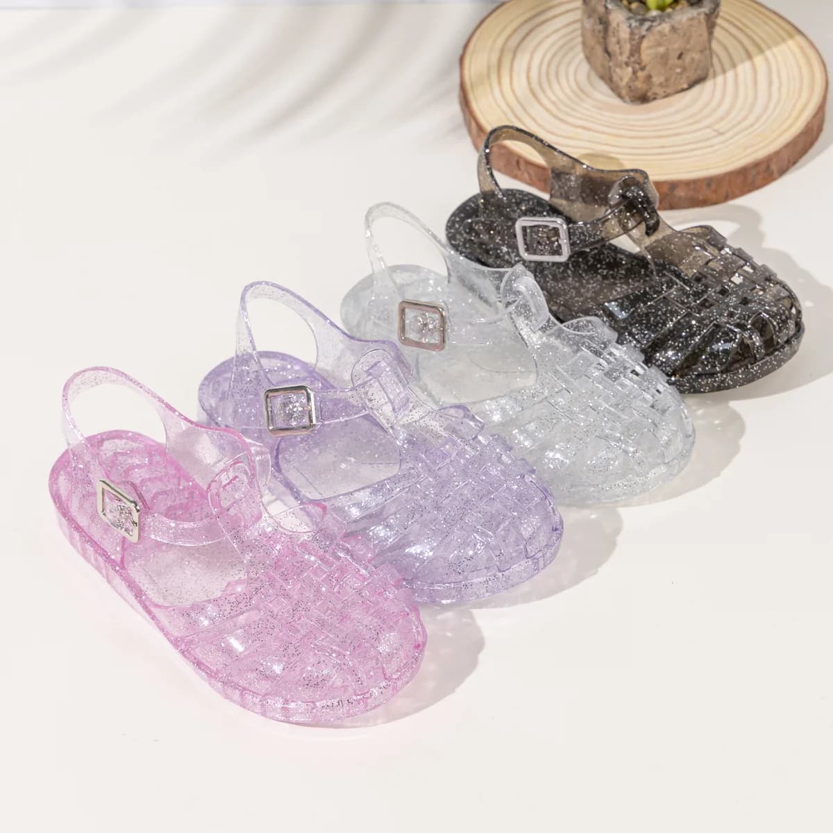 Estate traspirante moda cartone animato stampa cool fine glitter paillettes gelatina scarpe sandali da ragazza in PVC regolabili