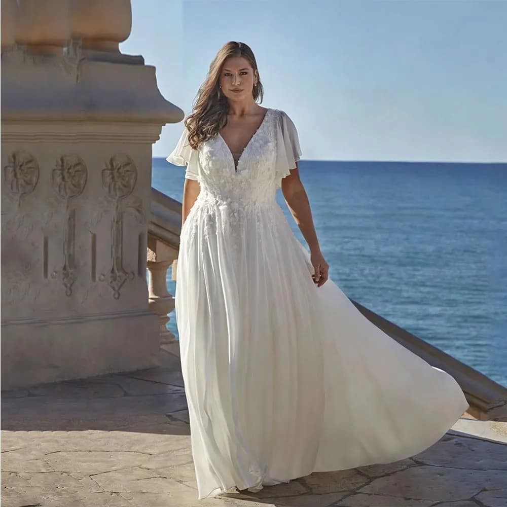 Plus Size Lace up Wedding Dresses For Bride Buff seleeve Opem Back A-Line Bridal Gowns V-neck Applique Brides dress Customized