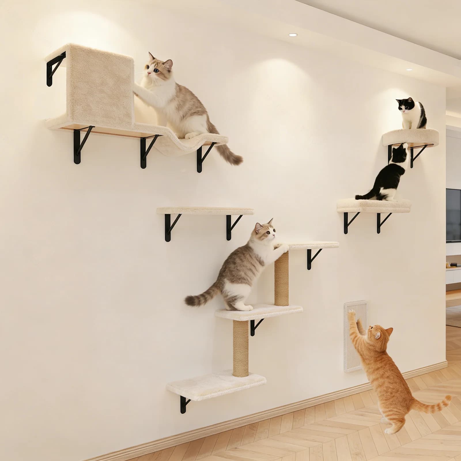 MIUZMORE 10PCS Cat Wall Shelves Set, Wall Mounted Cat Furniture for Large Cats, Cat Climbing Wall with Perches & Scratching Posts, Beige