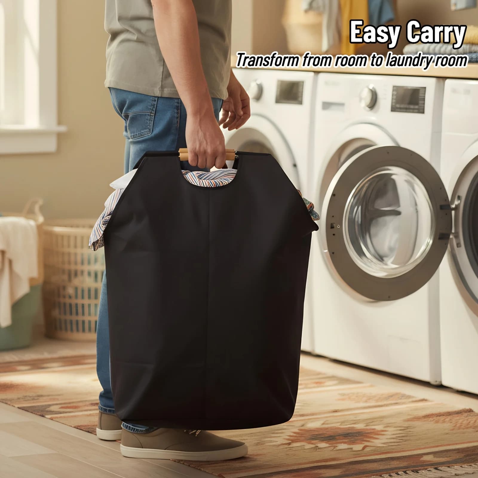 Cesto per Bucato Pieghevole, Cesto Portabiancheria Extra Large con Manici in Legno, Organizzatore Richiudibile per Bagno e Camera da Letto
