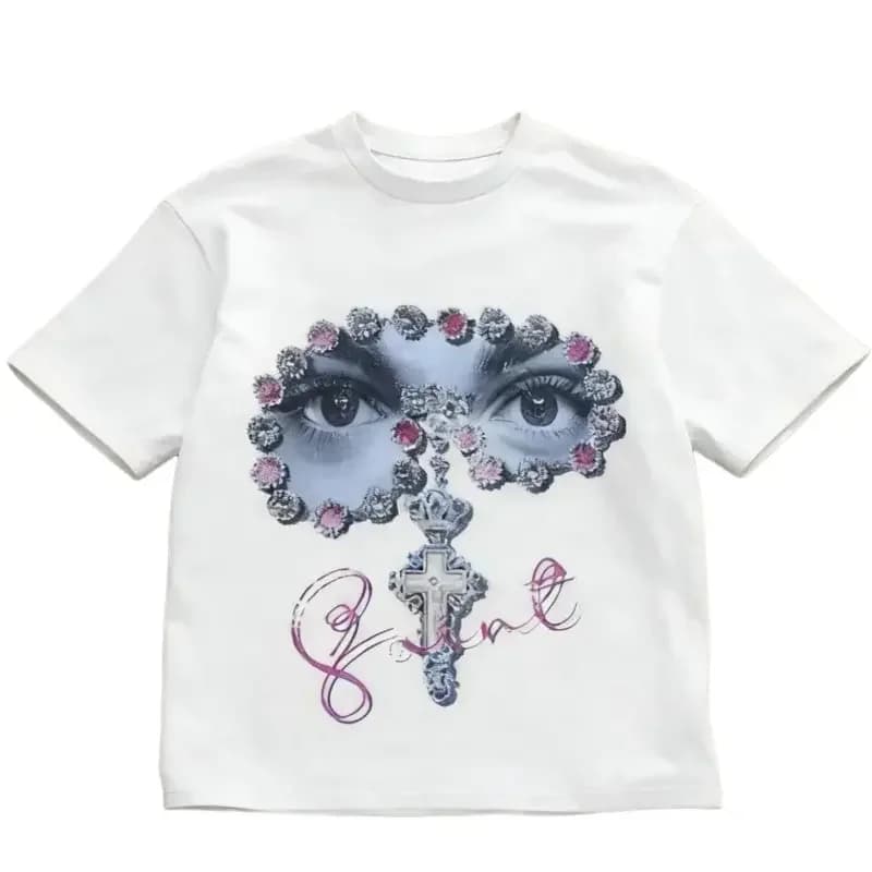 Unisex Cotton T-Shirt with Bold Graphic Print Featuring Gem Embellished Eye Cross Pattern and Y2K Style for AllSeason Casual Streetwear