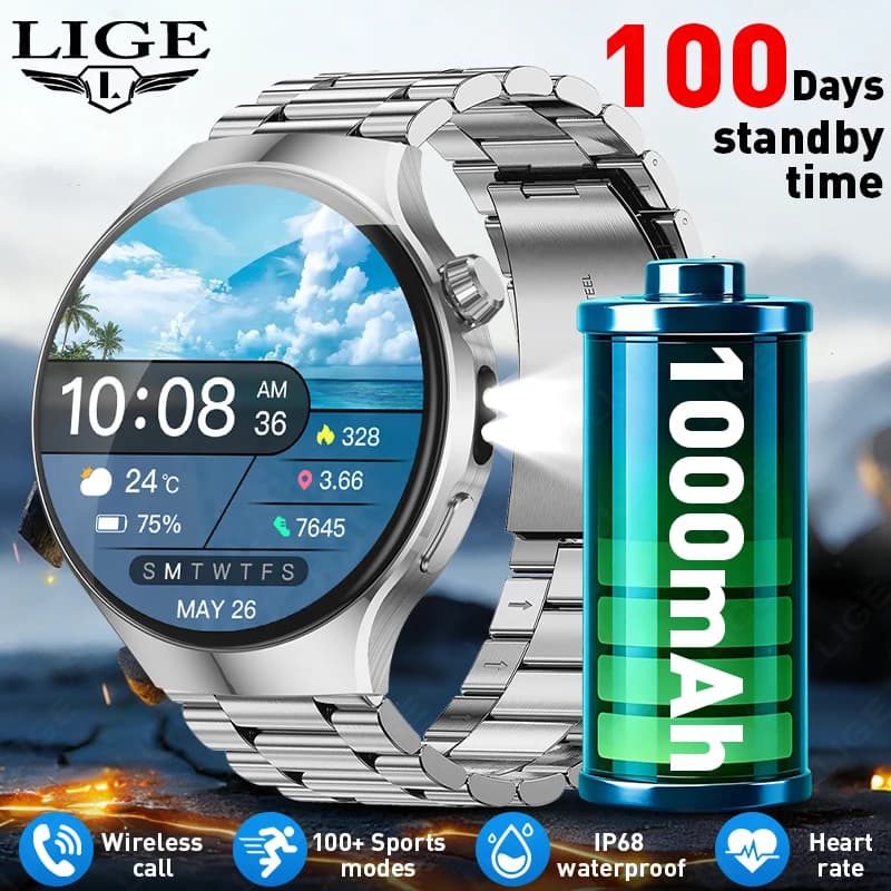 LIGE Mens Smart Watch Health Monitor Bluetooth Call 1000mAh Battery Large Battery LED Flashlight 100+ Sports Mode Smartwatch Men