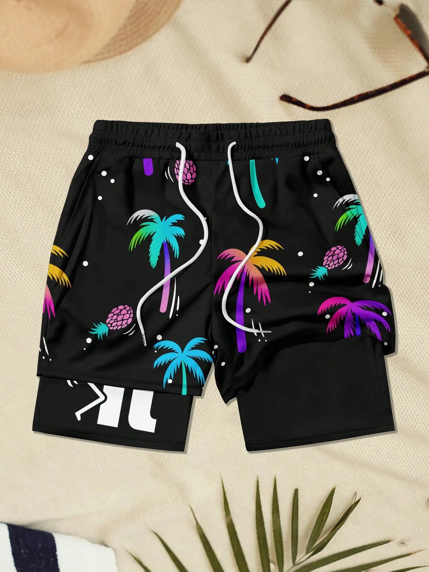 Men's Elastic Waist Drawstring Casual Loose Creative Pattern Double-Layer Beach Shorts