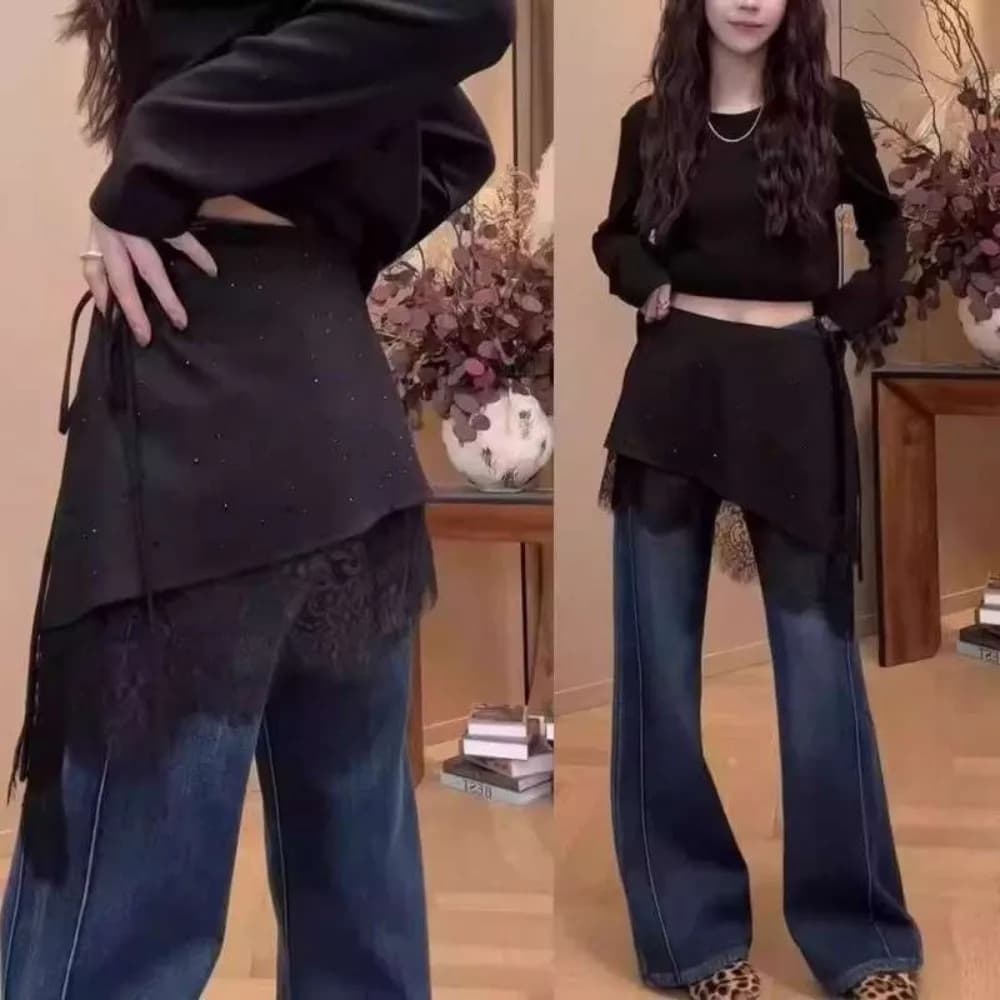 Lace Butt Curtain Skirt Rhinestone Irregular Layered Lace Fart Curtain Belted Design Breathable Fabric Half Skirt Casual Wear
