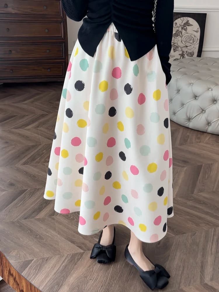 Gonna midi a vita alta a pois arcobaleno antirughe Zhang ei Primavera 2024, bianca, elegante, da donna, per il lavoro.