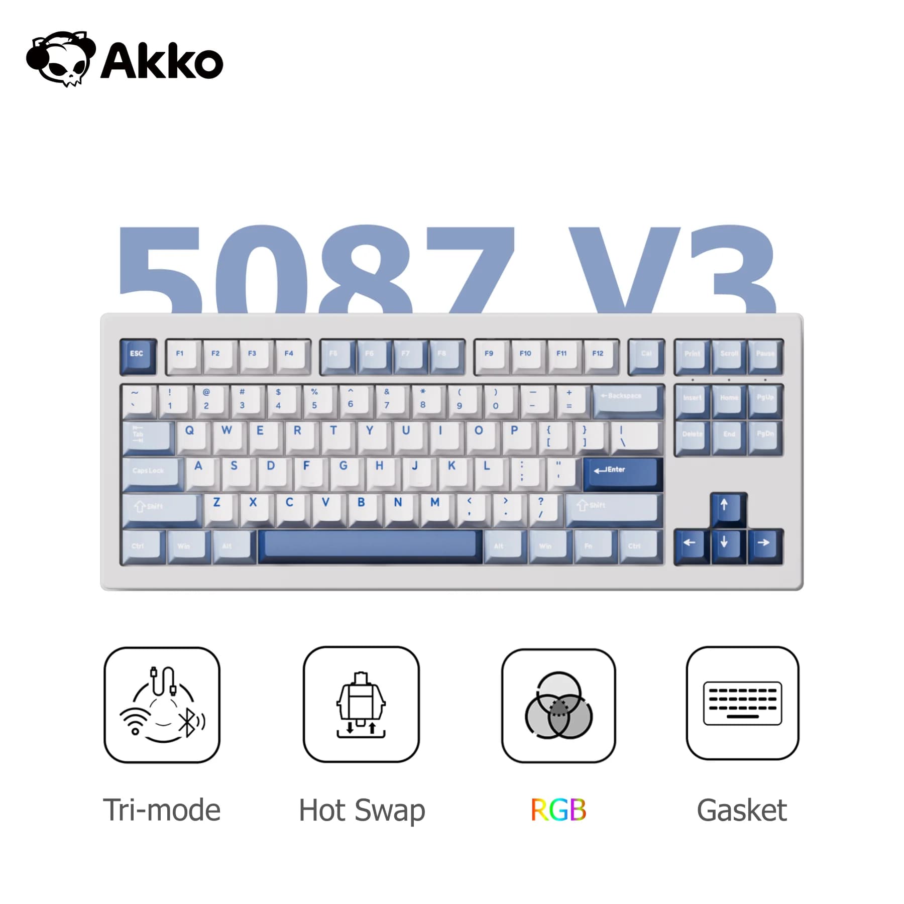 Akko 5087 V3 Tastiera tri-modale 80% TKL Layout RGB USB tipo C sostituibile a caldo/2.4g e BT5.0 Tastiera meccanica da gioco personalizzata wireless