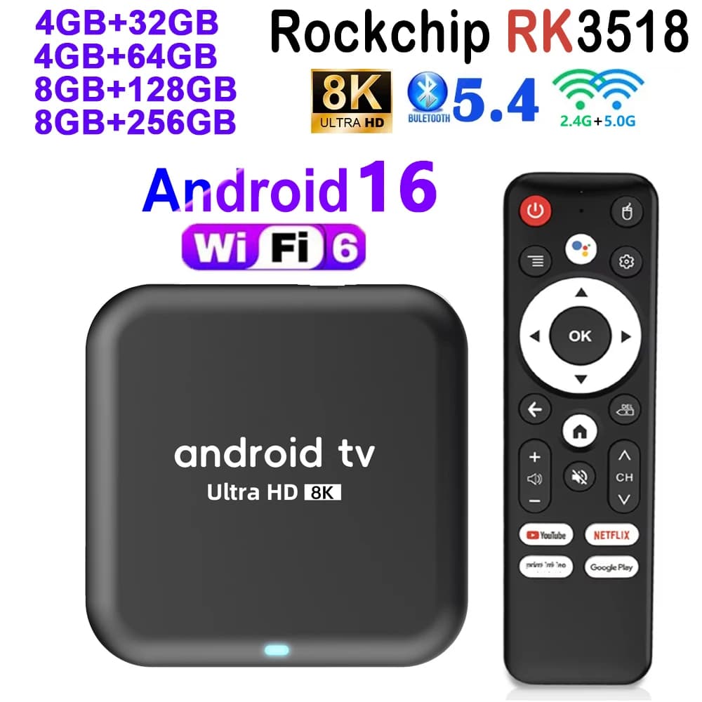 RK3518 TV Box Q18 Android 16 2.4G e 5G Dual Wifi6 HD 4K 8K Telecomando vocale Google TV HDR10 + Netflix YouTube Lettore multimediale Set Top Box