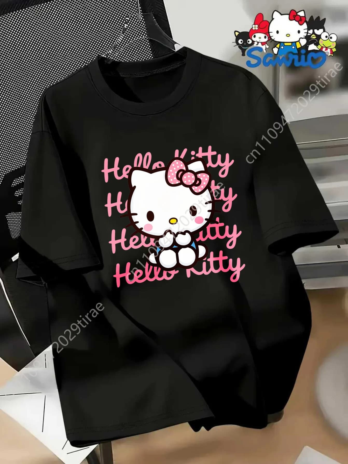 Sanrio Hello Kitty Multi-Print Striped Short T-Shirt for Women Casual Oversized Trendy Cosplay Stylish Top Geometric Pattern
