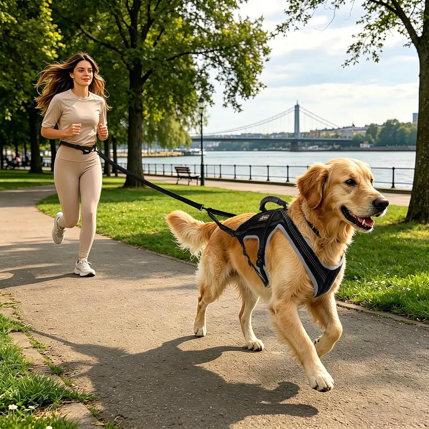 Hands-Free Dog Running Harness Set with Waist Belt & Shock-Absorbing Leash for Medium to Large Dogs, Ideal for Jogging, Hiking