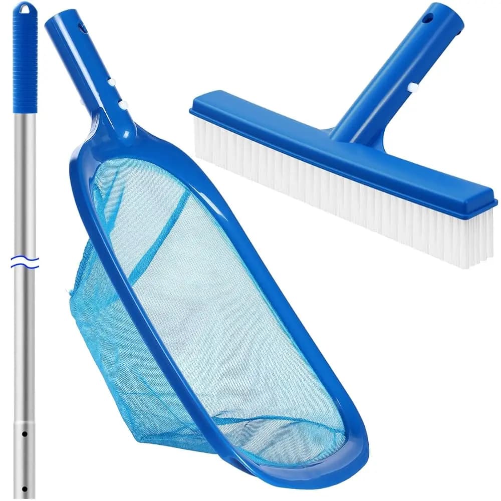Kit di Pulizia per Piscina 3 Pezzi con Rete Skimmer Manuale, Asta in Alluminio da 47,24 Pollici e Spazzola per Piscina da 10 Pollici, Accessorio per Manutenzione per Piscine Fuori Terra