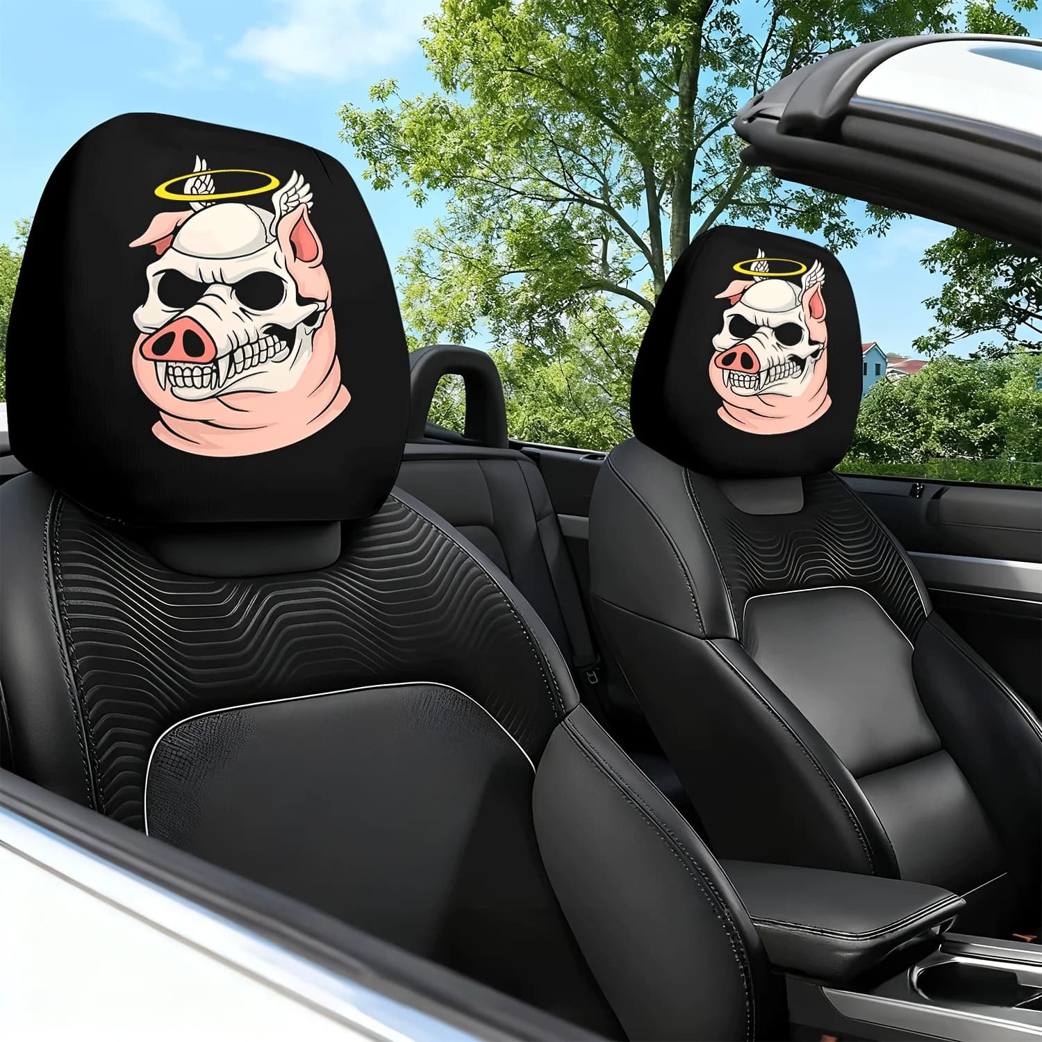 Set di 2 copri poggiatesta per auto con design a teschio di maiale e tema alone. Questi coprisedili sono antiscivolo, resistenti allo sporco, A