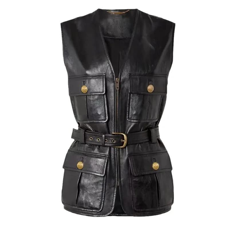 Gilet in Vera Pelle 2025 Nuova Collezione Autunnale, in Pelle di Capra Cerata, da Donna, Nero, Scollo a V, con Cerniera e Cintura