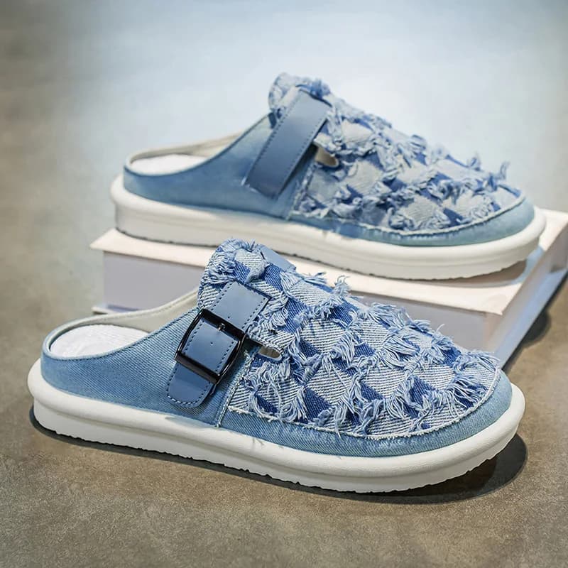 Estate di grandi dimensioni Denim Muli Uomo Mocassini senza schienale Pantofola Mezze scarpe per uomo Presentazioni aziende produttrici giochi Slip On Flats Semi-Drag Scarpe da tavolo casual