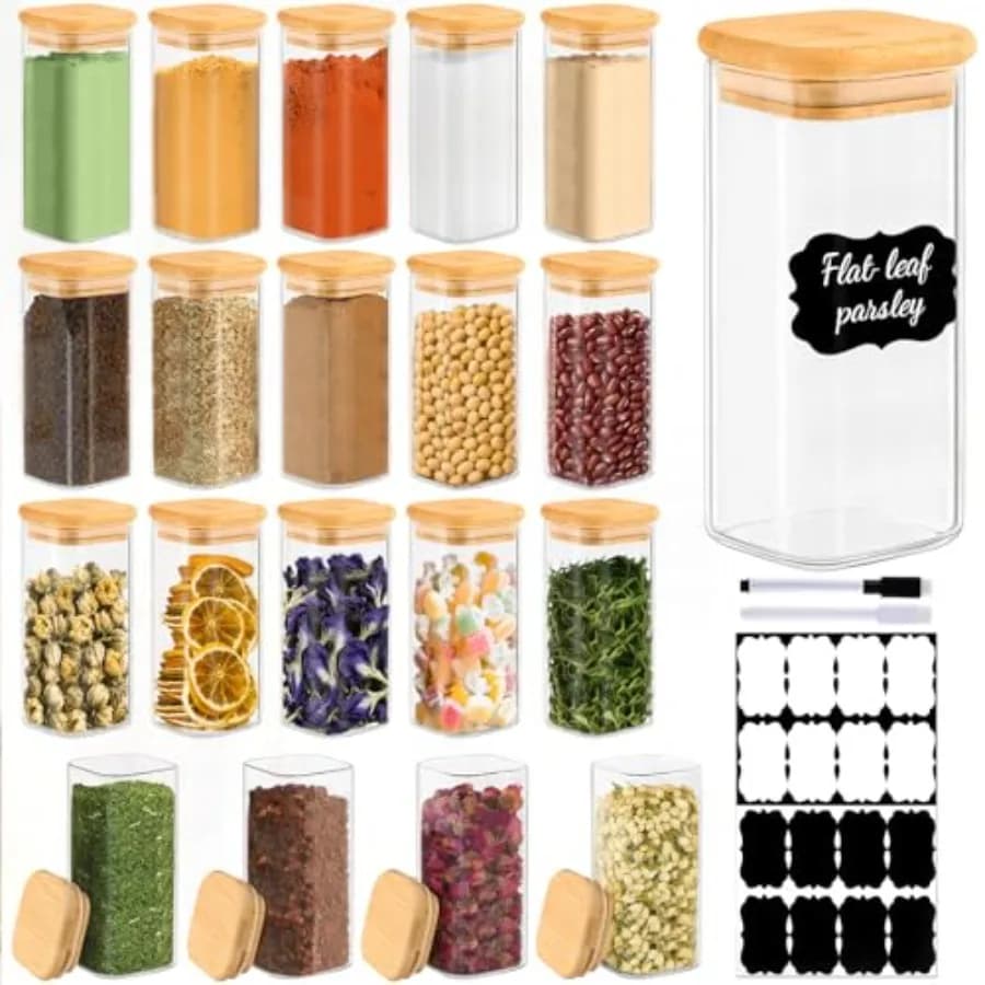 Set di 20 Barattoli Quadrati in Vetro da 10 oz per Spezie con Coperchi ed Etichette, Contenitori Ermetici Piccoli per Spezie, Barattoli Trasparenti in Vetro per Alimenti