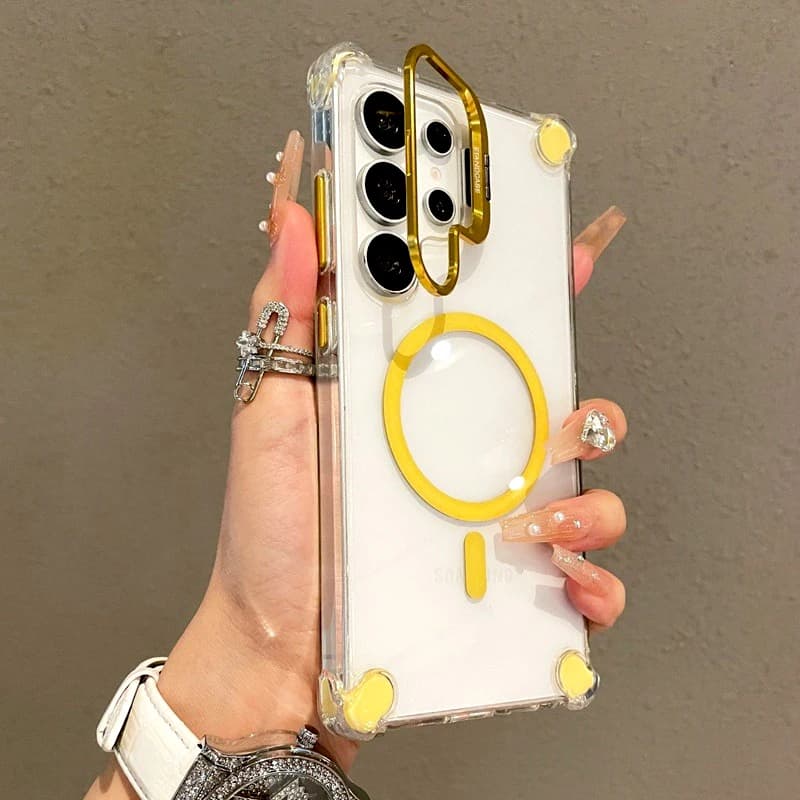 Luxury Transparent Case For Samsung Galaxy S23 S24 S25 S26 Ultra S26 Plus S24FE A56 A36 A37 Magsafe Wireless Charge Stand Cover