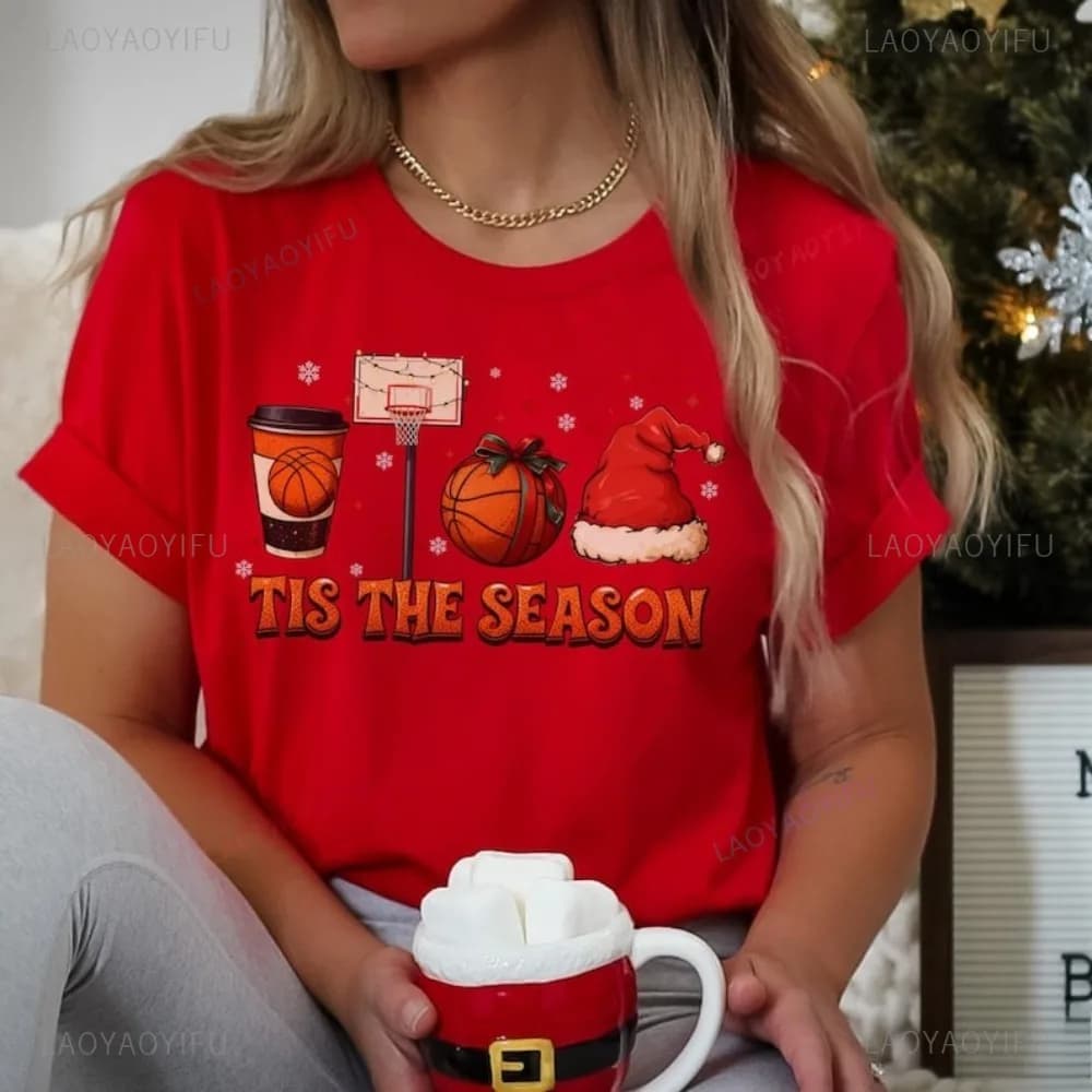 Santa Claus basketball t-shirt Tis The Season for Basket Sport Holiday T-shirt Harajuku loose fashion casual