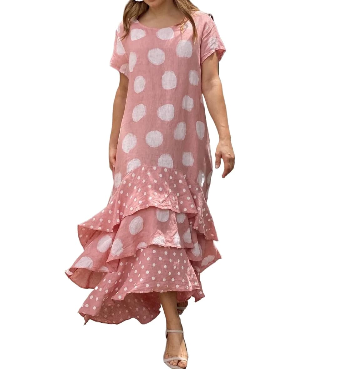 Spot Short-sleeved Round Neck Polka Dot Pendulum Long Dress Large Size Women's Clothing Cw98725